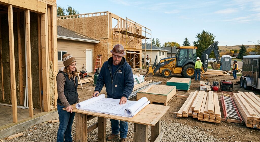 A Williston, ND construction site showing a general contractor reviewing building plans 