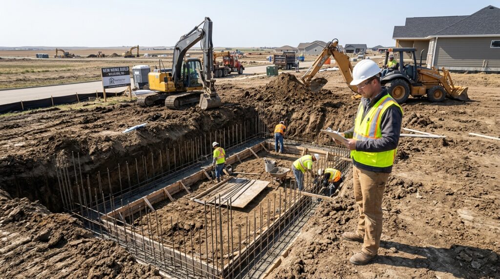A general contractor at a Williston, ND residential construction site inspecting the foundation excavation